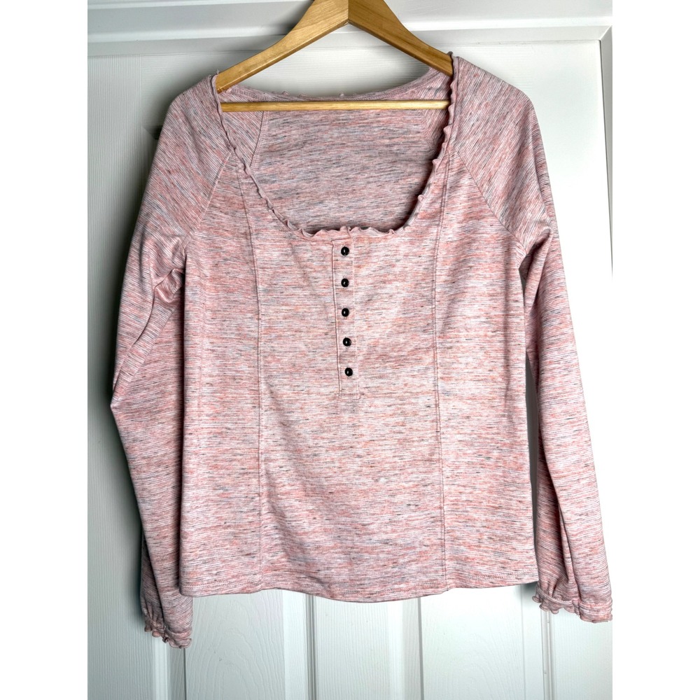 Free People Henley Top Womens L Pink Space Dye Square Neck Lettuce Edge LS
